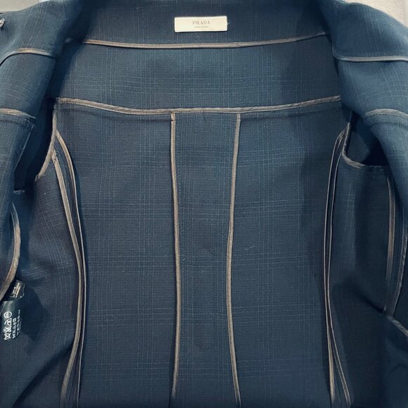 PRADA NAVY AND BROWN PLAID DOUBLE BREASTED BLAZER - SIZE 40 IT - Picture 4 of 12
